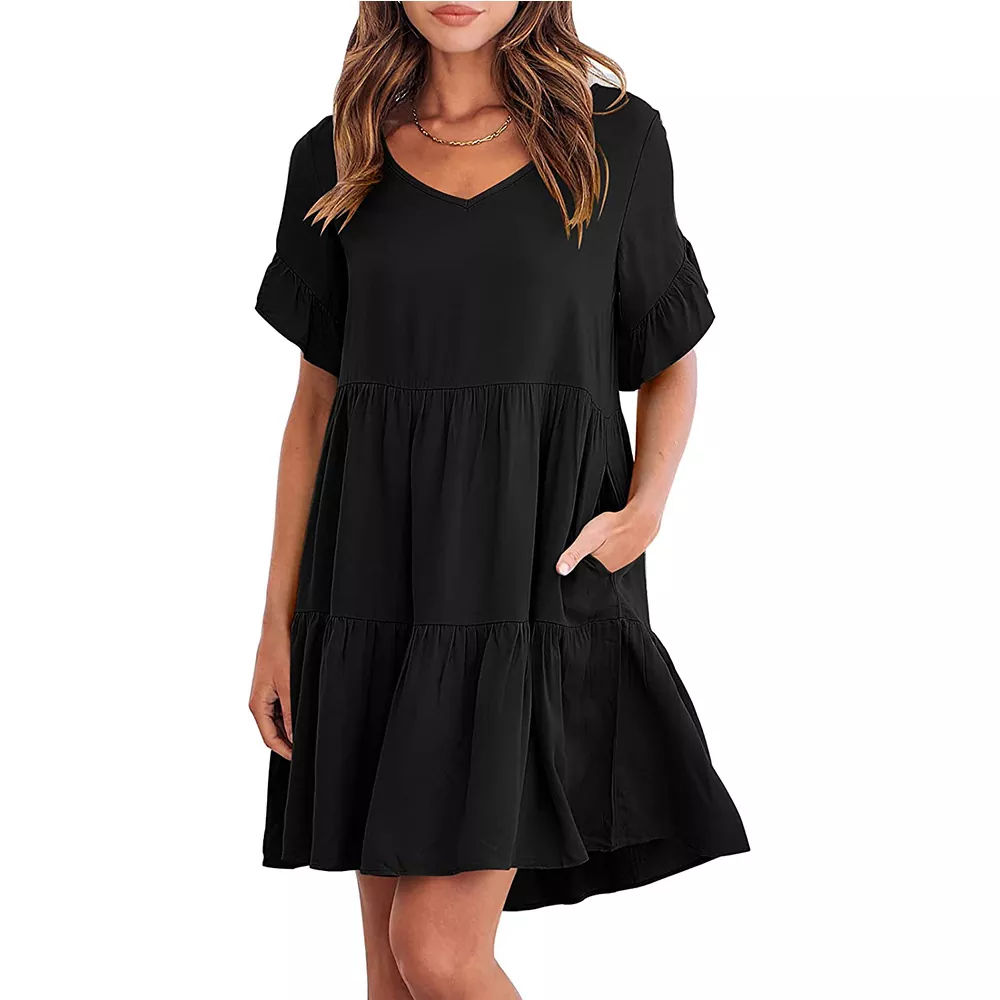 Minivestido informal con manga de encaje con volantes y cuello en V