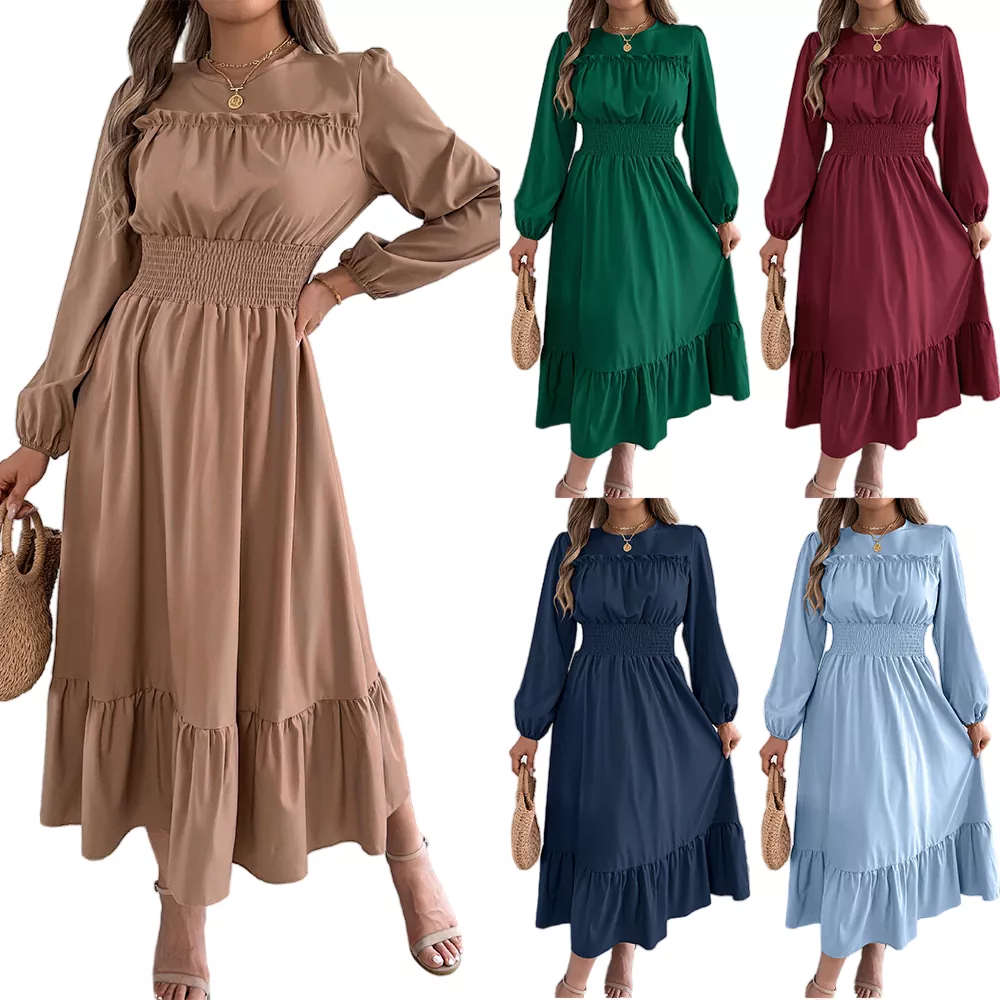 Vestido largo plisado elegante con dobladillo con volantes y cintura atada