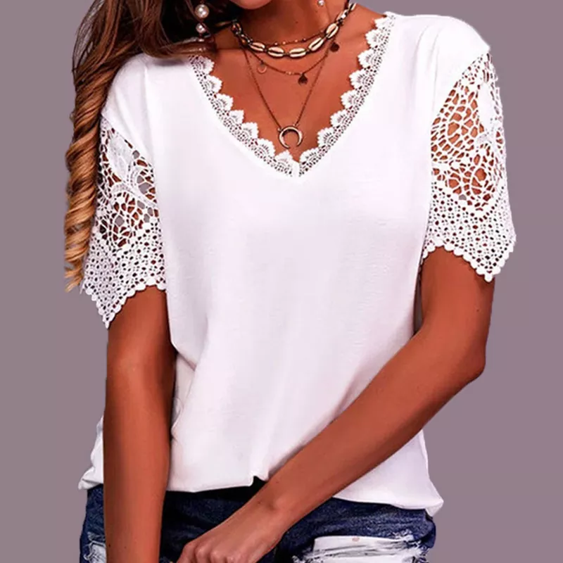 Summer Patchwork Lace V-neck Women's T-shirt