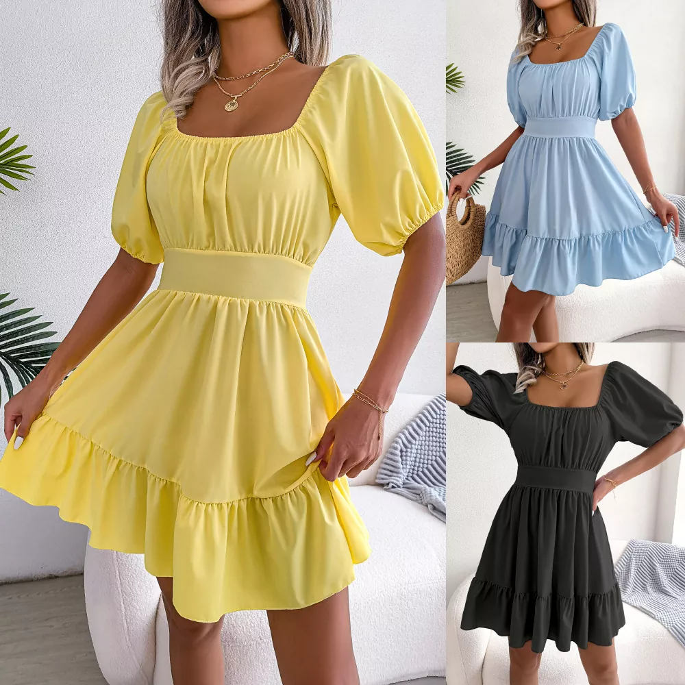Casual Square Neck High Waist Mini Dress