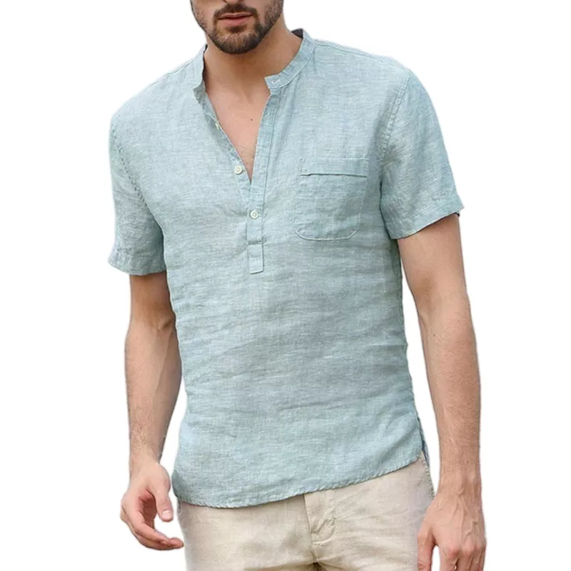 Men's Solid Standing Collar Short Sleeve Shirt