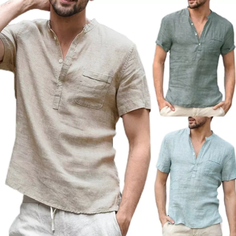 Camisa de manga corta con cuello alto liso para hombre