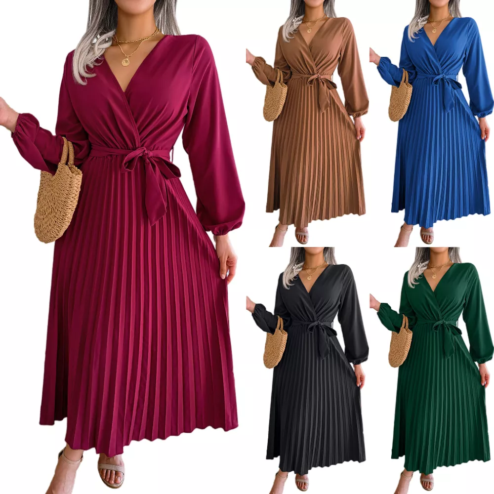 Vestido largo con cuello en V y dobladillo plisado