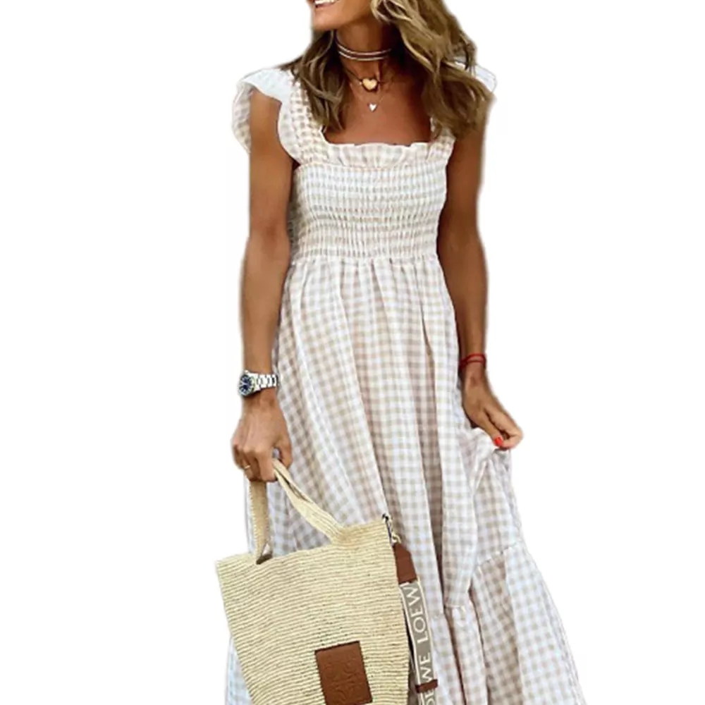 Vestido largo de verano con cuello cuadrado y tirantes con volantes