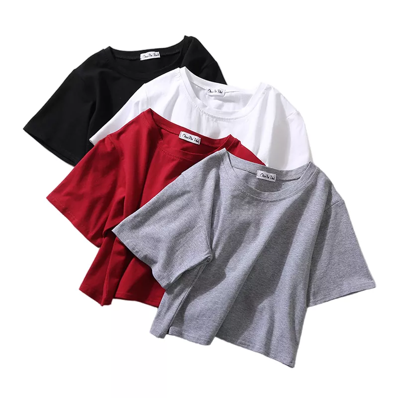 Camiseta de mujer versátil de verano corta de color liso