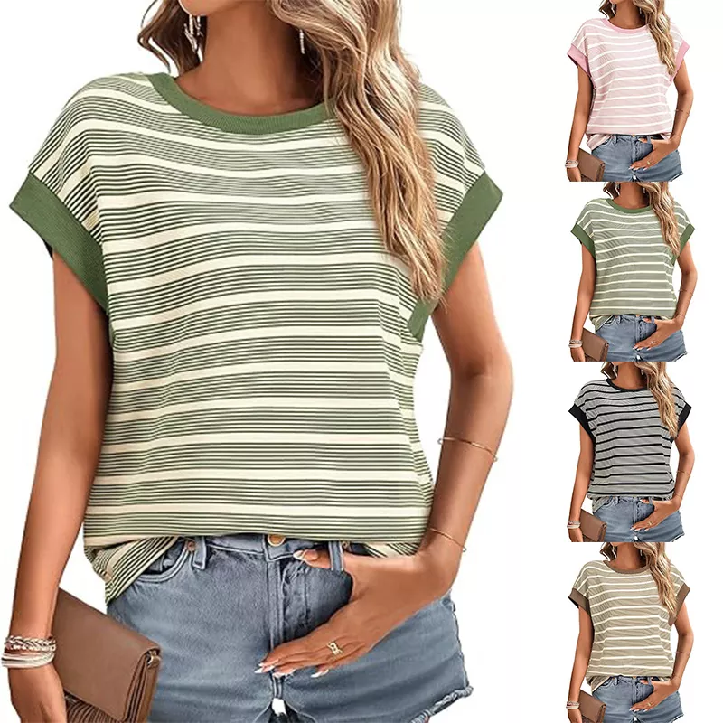 camiseta de mujer holgada de punto a rayas con cuello redondo de verano