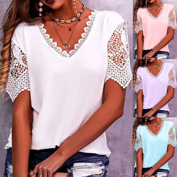 camiseta de mujer con cuello en v y encaje patchwork de verano