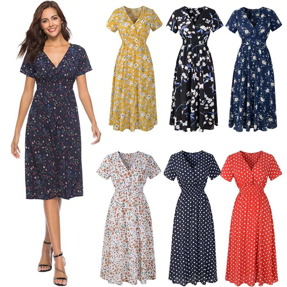 Vestido largo de verano suave floral con cuello en V